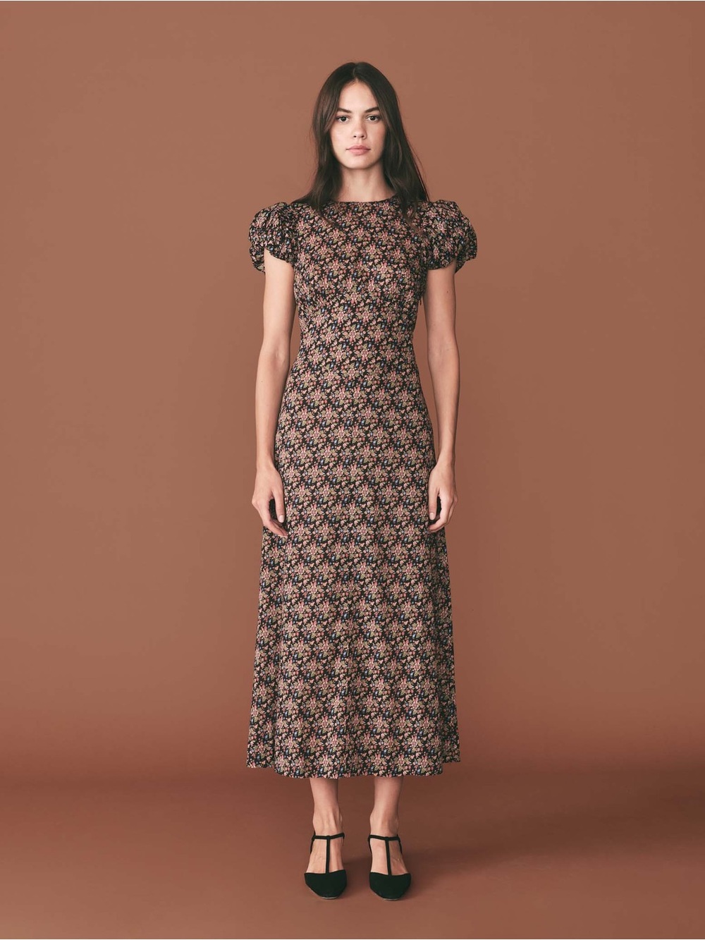 Doen Black Floral Puff-Sleeve Maxi Dress
